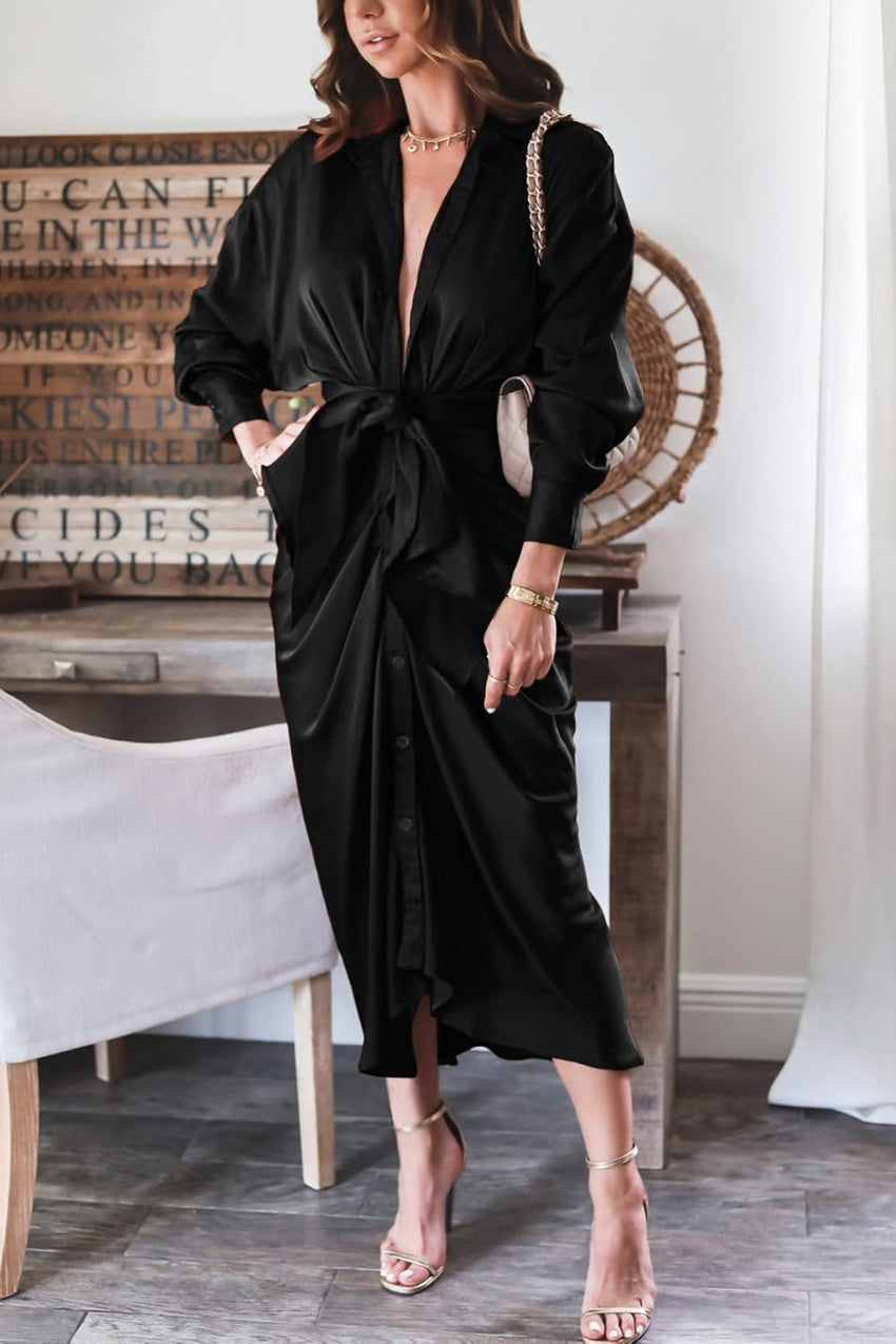 BTFBM Summer Dresses for Women 2025 Long Sleeve Lapel V Neck Button Down Elegant Belted Ruched Satin Shirt Fall Dress