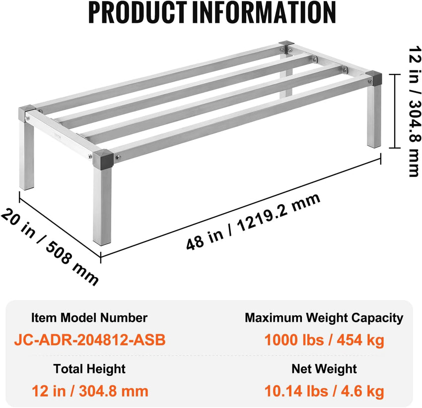 VEVOR Aluminum Dunnage Rack, 48” x 20” Commercial Food Floor Rack, 12” Off the Floor, 1000 lbs Capacity All-Welded Aluminum Storage Rack, for Storage in Restaurants, Kitchens, Garages and Vehicles