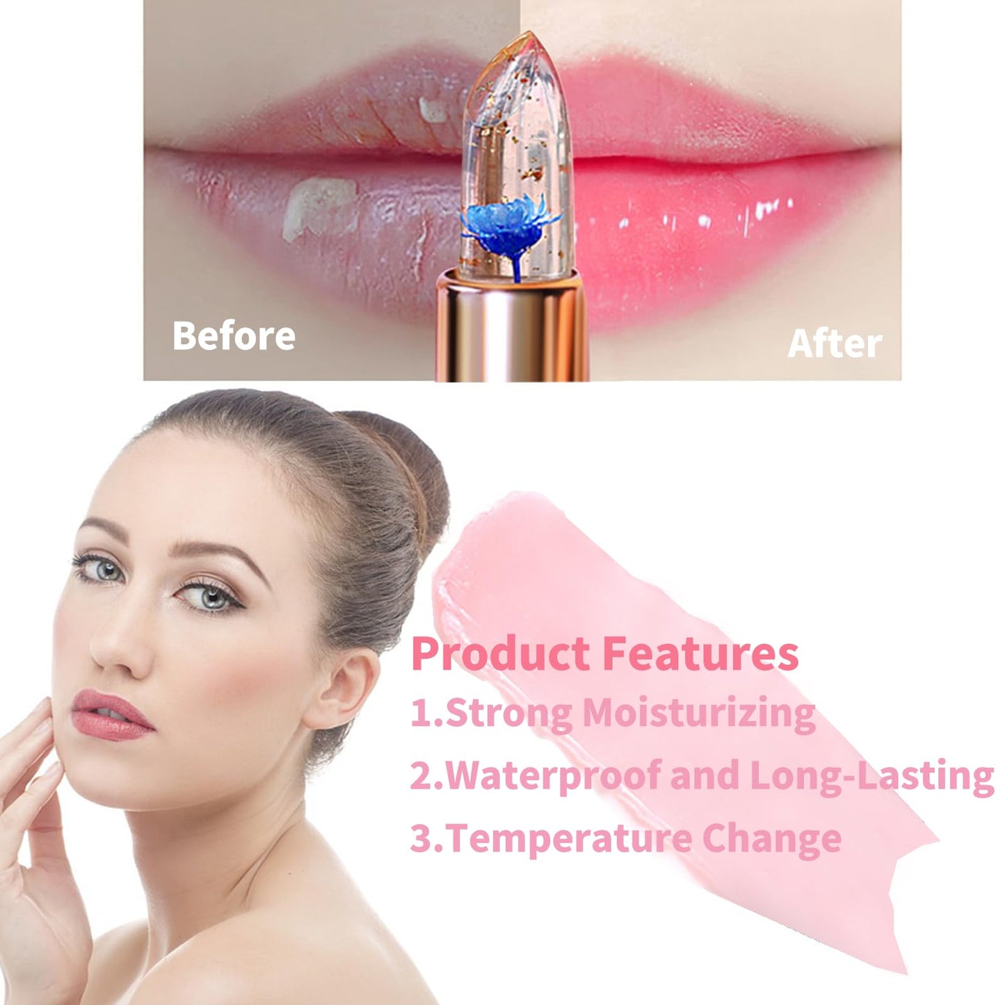 BLUE LOVE Color Changing Flower Lipstick - Hydrating Jelly Lip Balm with Flower, Long-Lasting Moisturizer & Nourishing Lip Gloss (Blue&Gold, 2 Count (Pack of 1))