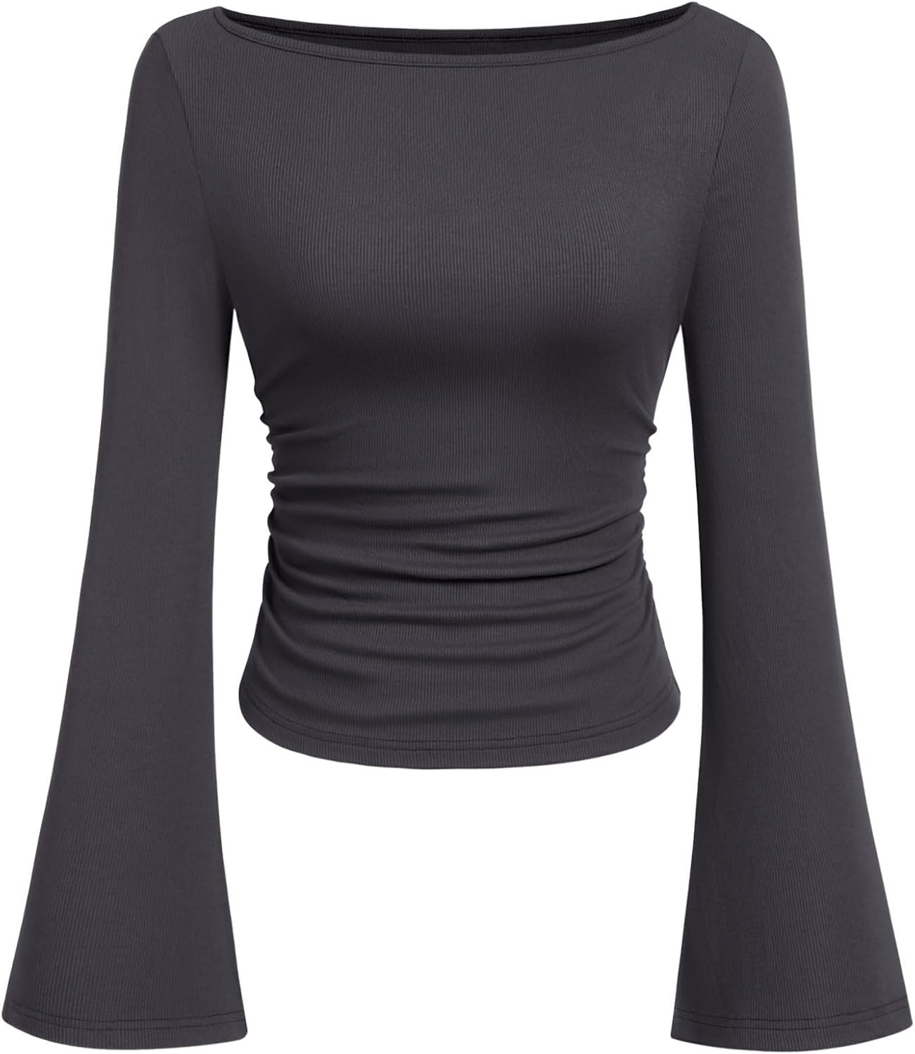 7DAY'S Women's Long Sleeve Shirts 2025 Fall Crop Going Out Tops Casual Boat Neck Bell Sleeve Ribbed Ruched Y2K Clothes