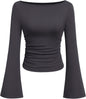 7DAY'S Women's Long Sleeve Shirts 2025 Fall Crop Going Out Tops Casual Boat Neck Bell Sleeve Ribbed Ruched Y2K Clothes