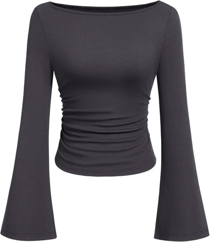 7DAY'S Women's Long Sleeve Shirts 2025 Fall Crop Going Out Tops Casual Boat Neck Bell Sleeve Ribbed Ruched Y2K Clothes