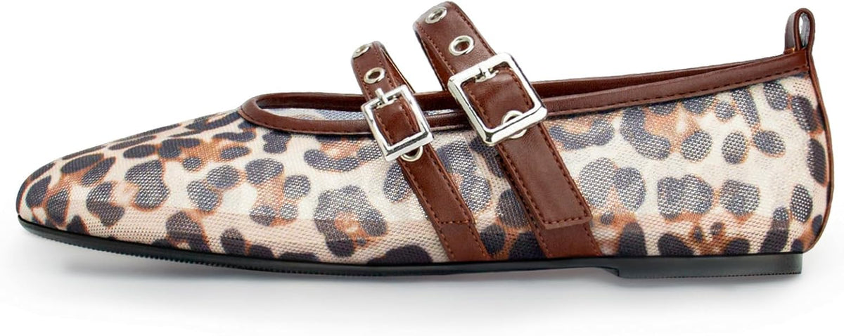 Gothictor Women's Mesh Ballet Flats Round Toe Leopard Mary Jane Shoes Women | Cushioned Comfort, Easy to Style, Buckle Strap, Cheetah Print, Ballerina, Breathable, Lightweight, Dressy Casual, Non-Slip