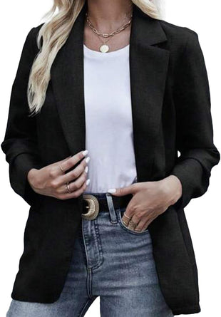 Mina Self Woman Blazer Ruched Sleeve Lapel Open Front Lightweight Work Office Blazer Jackets with Pockets