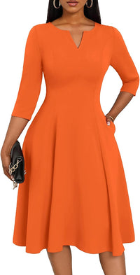 Nmoder Midi Dresses for Women A-Line Fit and Flare Dress 3/4 Sleeve V Neck Cocktail Wedding Guest Work Dress with Pockets