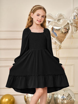 Haloumoning Girls Lantern Long Sleeve Dresses Kids Square Neck High Low Hem Smocked Fall Dress 5-14 Years
