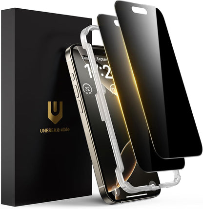 UNBREAKcable Privacy Screen Protector for iPhone 16 Pro Max, Anti-Spy Shatterproof Tempered Glass [True 28°Anti Spy] [9H Hardness] [Easy Installation Frame] Black Protector for iPhone 6.9" - 2 Pack