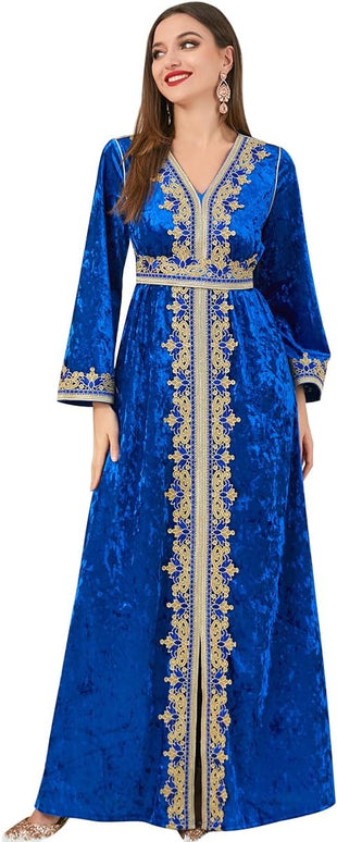 IDOPIP Muslim Women Velvet Dress Embroidery Abayas Long Sleeve V-Neck Moroccan Maxi Kaftan Dubai Robe Arabic Islamic Clothing