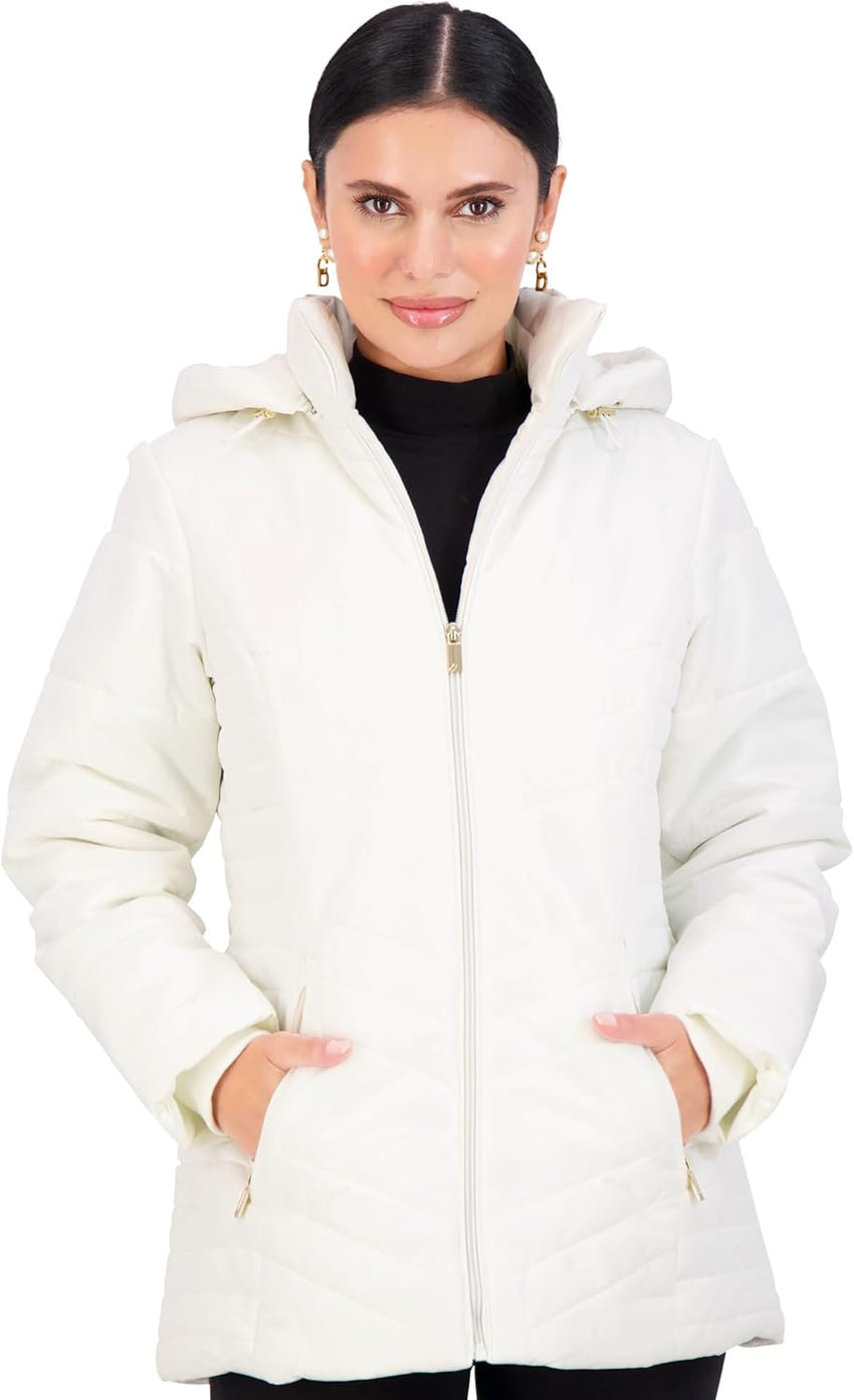 Jones NY Women's Puffer Jacket Zippered Removable Bungee Hood Womens Winter Coat