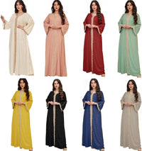 Boedaty Women Summer Muslim Abaya Dress One-Piece Embroidered V Neck Bronzing Kaftan Dress Full Length Party Dress