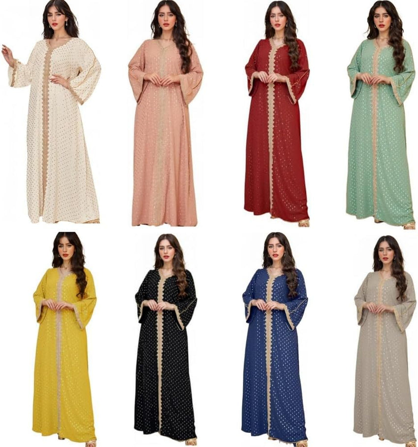 Boedaty Women Summer Muslim Abaya Dress One-Piece Embroidered V Neck Bronzing Kaftan Dress Full Length Party Dress