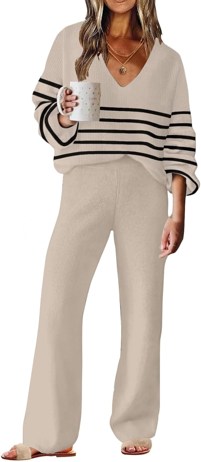 ETCYY NEW Womens 2 Piece Outfits Sweater Lounge Set Casual V Neck Knit Pajama Set Long Sleeve Top Wide Leg Pants Loungewear