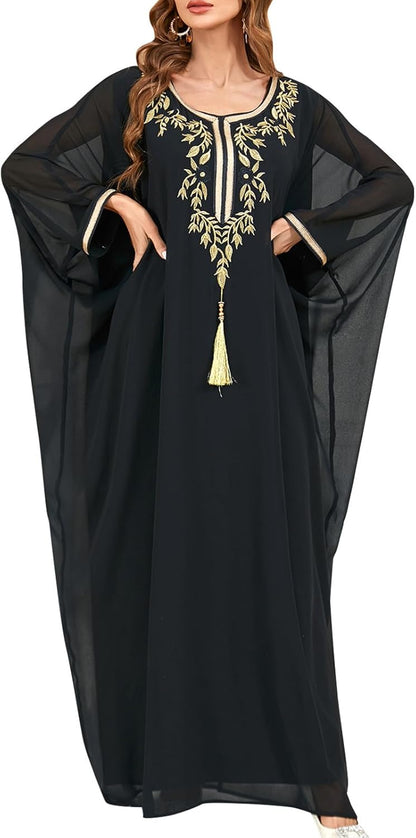 OBEEII Muslim Dress for Women Loose Batwing Sleeved Hooded Beaded Embroidery Long Abaya Dress Kaftan Abayas Islamic Robe