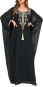 OBEEII Muslim Dress for Women Loose Batwing Sleeved Hooded Beaded Embroidery Long Abaya Dress Kaftan Abayas Islamic Robe