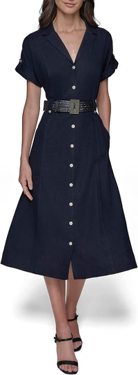 KARL LAGERFELD Womens Light Collared Short Sleeve Midi Dress