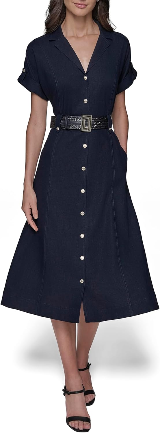 KARL LAGERFELD Womens Light Collared Short Sleeve Midi Dress