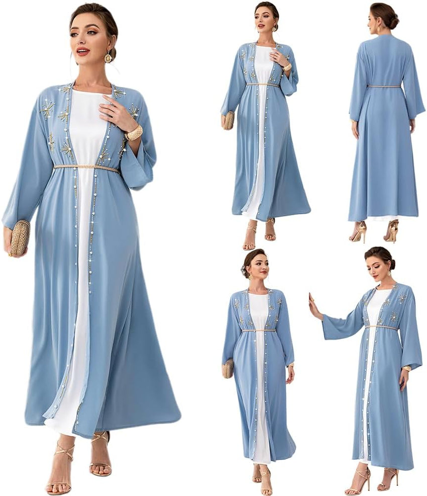 Muslim Abaya Long Sleeve Open Front Rhinestones Kaftan Cardigan Maxi Dress for Women with Belt