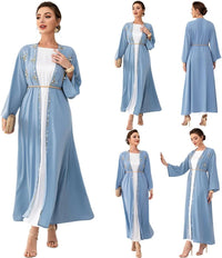 Muslim Abaya Long Sleeve Open Front Rhinestones Kaftan Cardigan Maxi Dress for Women with Belt
