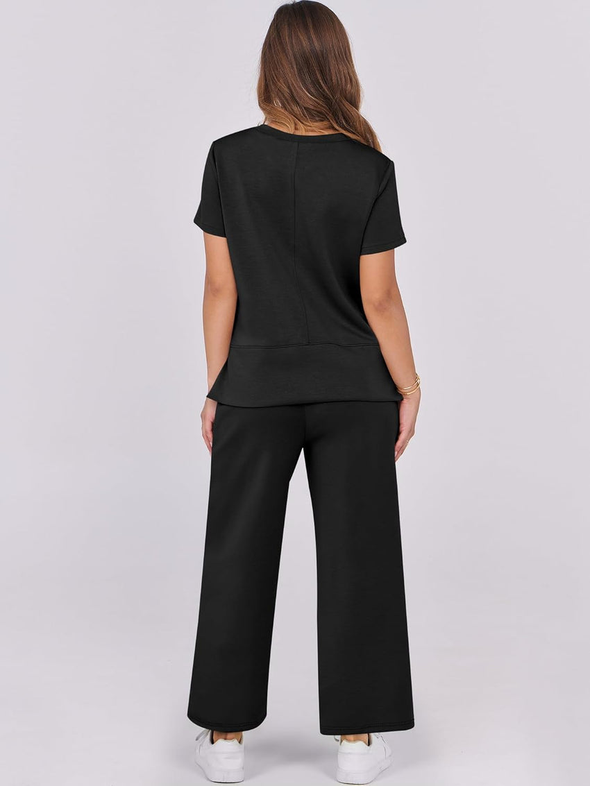 ANRABESS Women 2 Piece Lounge Sets Summer Travel Sweat Outfits Short Sleeve Wide Leg Casual Matching Tracksuits Clothes