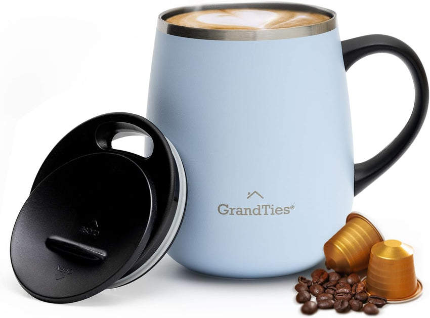 GRANDTIES Insulated Coffee Mug with Handle–Sliding Lid for Splash-Proof 16oz Wine-Glass Shape Thermal Tumbler with Double Walled Vacuum Stainless Steel to Keeps Beverages Hot or Cold-Cognac Metallic