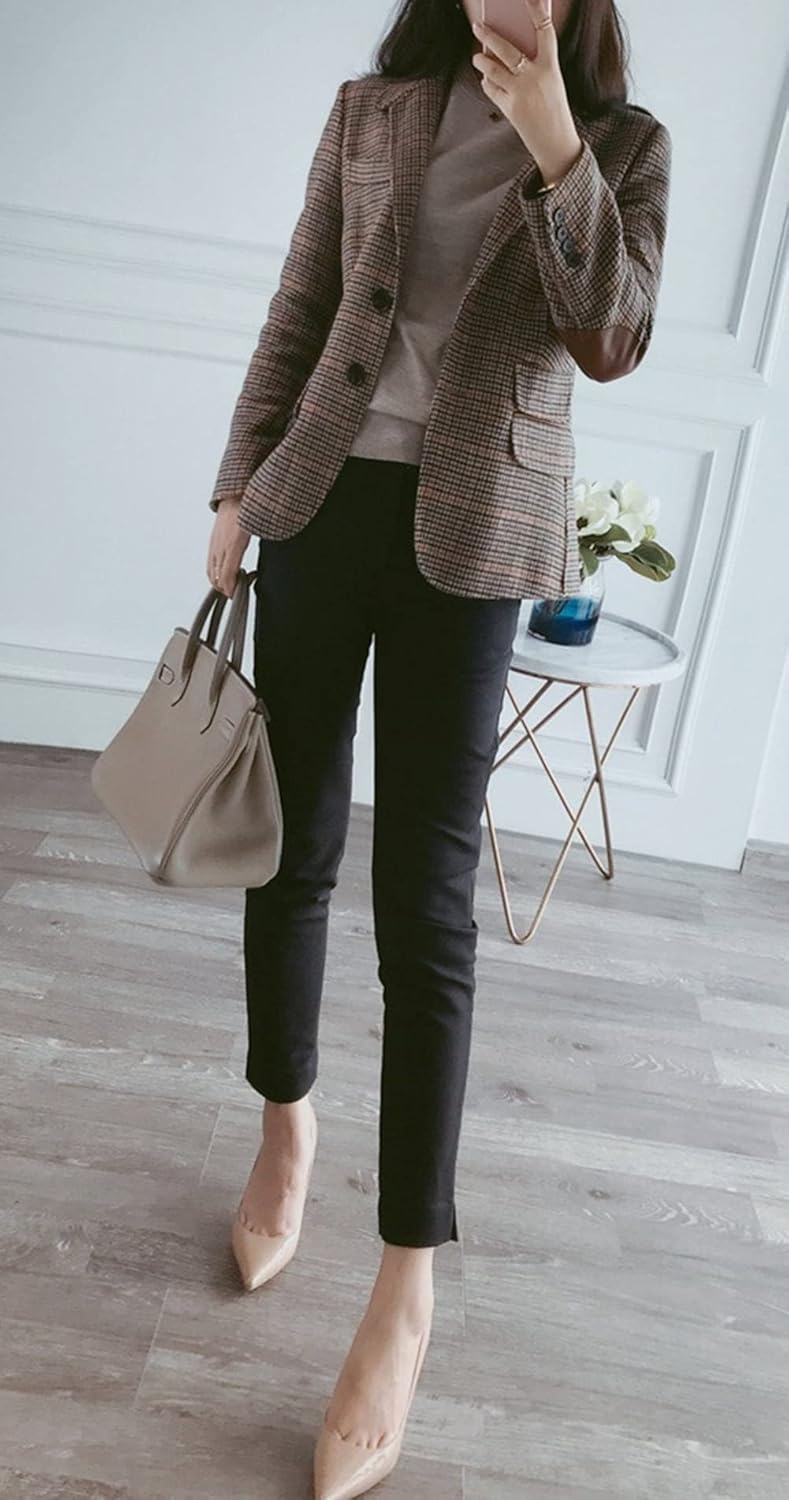 CHARTOU Women's Chic Lapel Collar Plaid 2-Button Business Work Office Blazer Suit Jacket