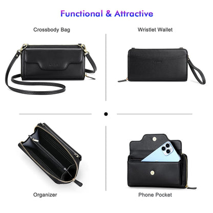 nuoku Small Purse for Women, RFID Blocking Wristlet Wallet, Crossbody Clutch with Cell Phone Pocket black