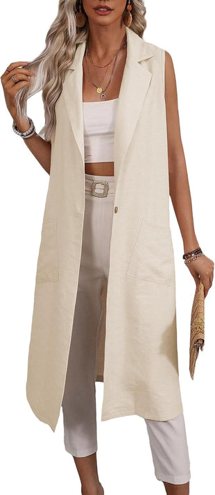 Mina Self 2025 Summer Sleeveless Long Linen Blazers Jacket Women Lightweight Fashion Casual Work Outerwear with Pockets
