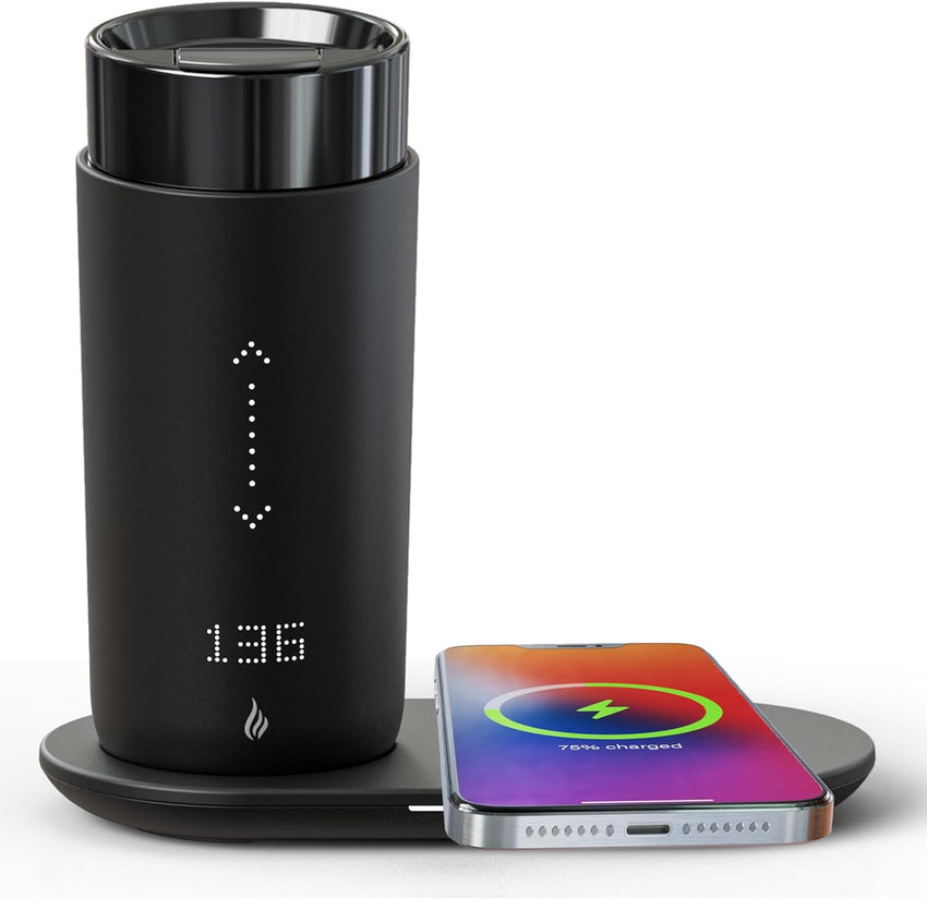 Temperature Control Heated Coffee Mug Smart Self Heating Travel Mug 12 Oz App Controlled Warmer Mug 4-10 Hour LED Display Keep Coffee Hot All Day Fast Wireless Charger Base Dull Black