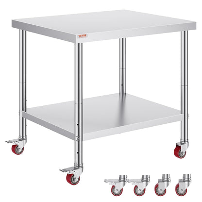 Vevor Mophorn Stainless Steel Work Table 36x24 Inch with 4 Wheels, Casters Heavy Duty Food Prep Worktable for Commercial Kitchen Restaurant, Silver