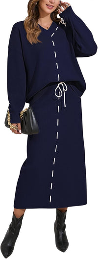 Pink Queen 2025 Women's 2 Piece Sweater Set V Neck Rib Knit Long Sleeve Maxi Bodycon Skirt Casual Outfits
