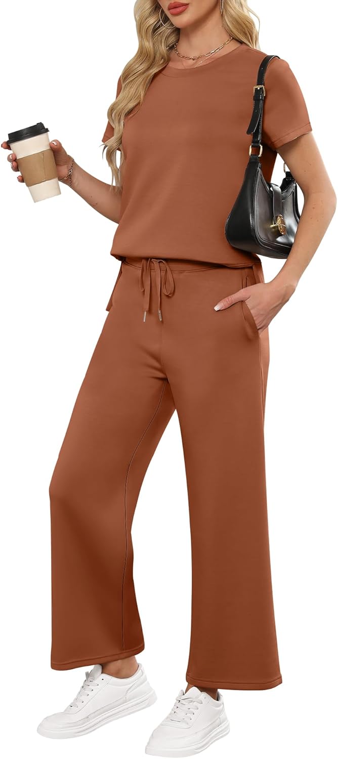 ANRABESS Women 2 Piece Lounge Sets Summer Travel Sweat Outfits Short Sleeve Wide Leg Casual Matching Tracksuits Clothes