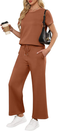 ANRABESS Women 2 Piece Lounge Sets Summer Travel Sweat Outfits Short Sleeve Wide Leg Casual Matching Tracksuits Clothes