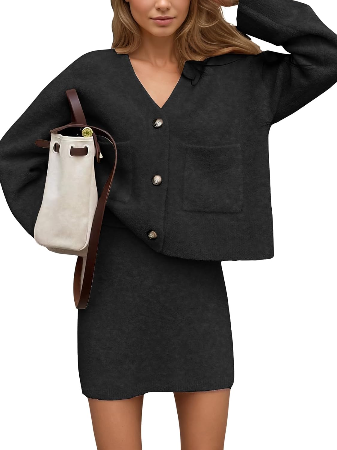 EXLURA Womens 2 Piece Skirt Sweater Sets V Neck Button Up Cardigan Mini Skirts Fall Winter Knit Trendy Outfits Pockets 2025