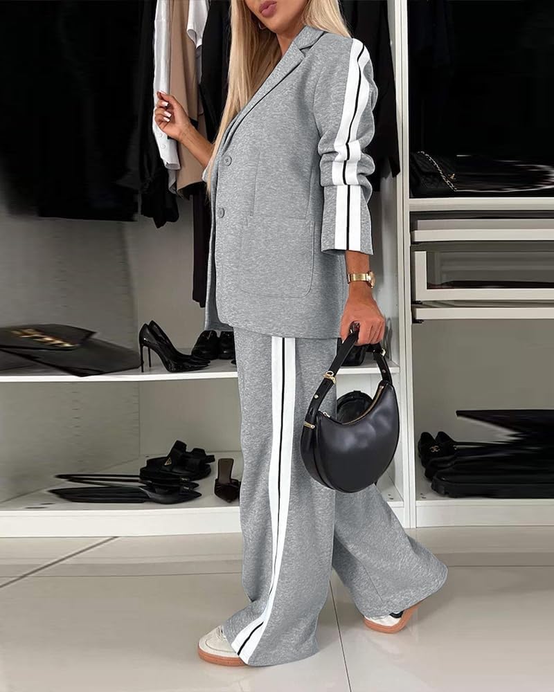 CHICME 2025 Womens Two Piece Outfits Striped Side Button Blazer and Pants with Pockets Sets Business Casual Pant Suits Set