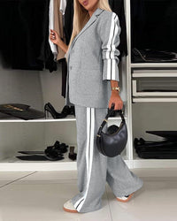 CHICME 2025 Womens Two Piece Outfits Striped Side Button Blazer and Pants with Pockets Sets Business Casual Pant Suits Set