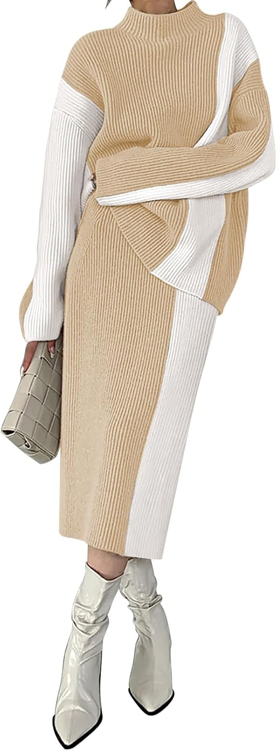 Pink Queen Women's 2 Piece Outfits 2025 Fall Winter Sweater Skirt Set Long Sleeve Oversized Top High Waist Color Block Dress