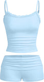 Hilinker Womens Sexy Pajama Set Ruched Lace Trim Cami and Shorts Summer Cute Pjs 2 Piece
