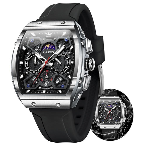 OLEVS Watches Men Chronograph Waterproof Rectangle Face Moon Phase Watches for Men Luminous Quartz Calendar Mens Wrist Watch - Silicon Strap