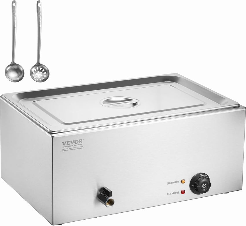 VEVOR Commercial Food Warmer, 1500W Electric Stainless Steel Steam Food Warmer with Lid, 6-Pan Fast Heating Countertop Buffet Bain Marie with Soup & Perforated Ladles, for Catering, Restaurant, Party