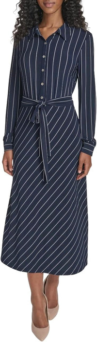 Tommy Hilfiger Women's Long Sleeve Collared Self Tie Midi Shirtdress