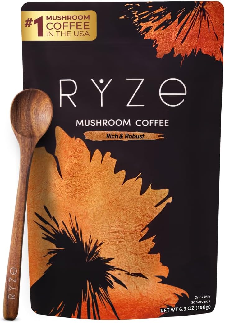 RYZE SUPERFOODS Mushroom Coffee USDA Organic with 6 Adaptogenic Mushrooms and MCT Oil, USA Grown Instant Coffee for Better Energy, Focus, Digestion, Immunity with Lions Mane & Turkey Tail, 30 servings