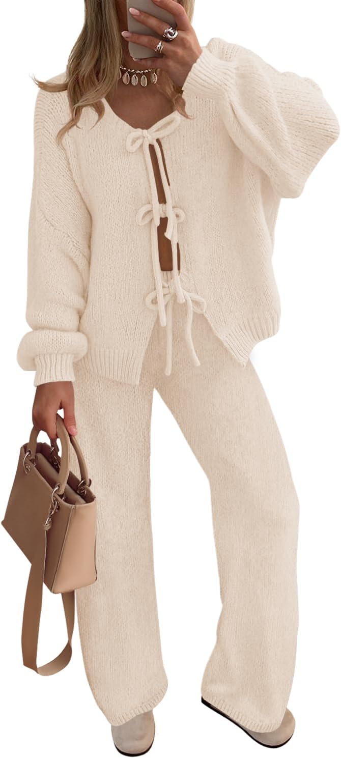 ZESICA Women's 2 Piece Outfits Lounge Pajama Sets 2025 Fall Long Sleeve Cardigans Wide Leg Pants Matching Winter Clothes