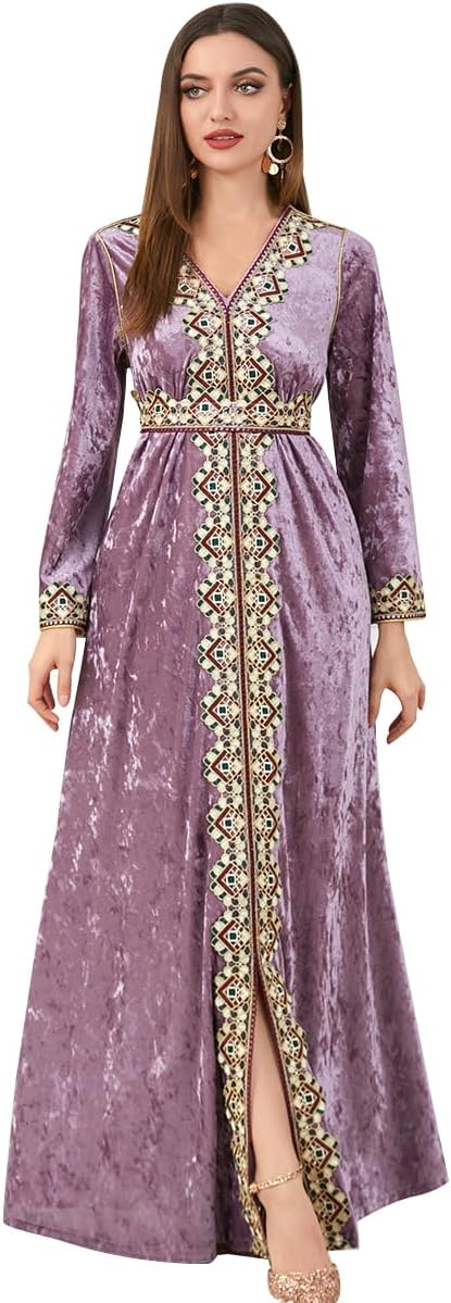 ODIZLI Muslim Kaftan Abaya Moroccan Fashion Autumn Winter Long Sleeve Velvet Dress for Eid Ramadan