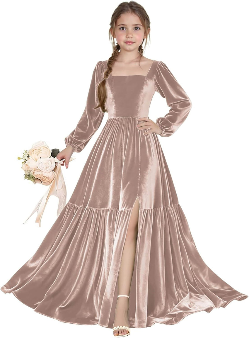 Long Sleeve Velvet Junior Bridesmaid Dresses Girls Holiday Dresses with Slit Christmas Maxi Dress Formal Party Gown