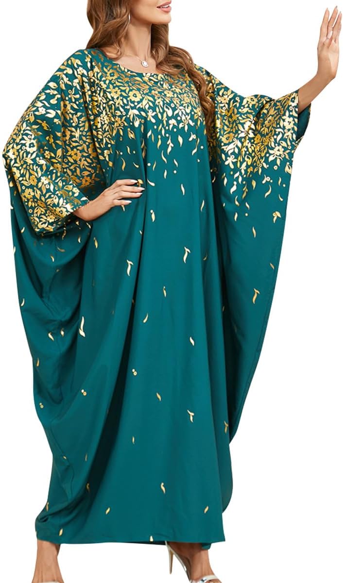 OBEEII Muslim Dress for Women Loose Batwing Sleeved Hooded Beaded Embroidery Long Abaya Dress Kaftan Abayas Islamic Robe