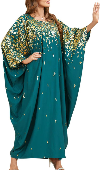 OBEEII Muslim Dress for Women Loose Batwing Sleeved Hooded Beaded Embroidery Long Abaya Dress Kaftan Abayas Islamic Robe