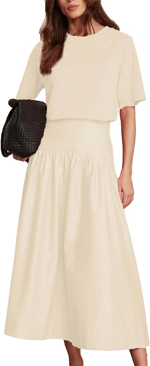 Bozanly Summer Two Piece Outfits Skirts Set for Women Crewneck Short Sleeve Tee and Midi Skirt Sets Dresses