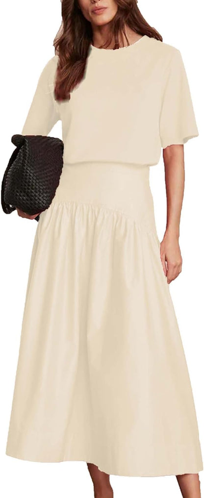 Bozanly Summer Two Piece Outfits Skirts Set for Women Crewneck Short Sleeve Tee and Midi Skirt Sets Dresses