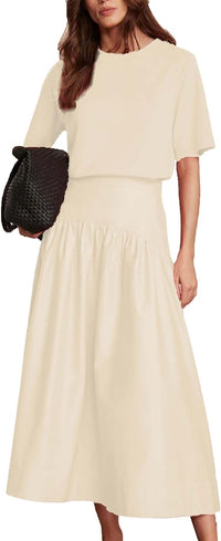 Bozanly Summer Two Piece Outfits Skirts Set for Women Crewneck Short Sleeve Tee and Midi Skirt Sets Dresses