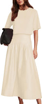 Bozanly Summer Two Piece Outfits Skirts Set for Women Crewneck Short Sleeve Tee and Midi Skirt Sets Dresses